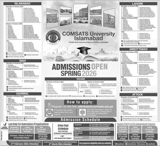 Admission notice for COMSATS University Attock